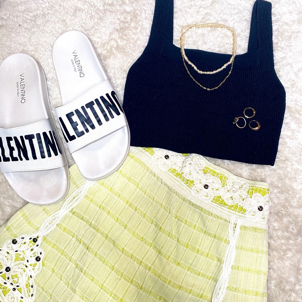 Y2K Free People White and Lime Floral-Detailed Mini Skirt